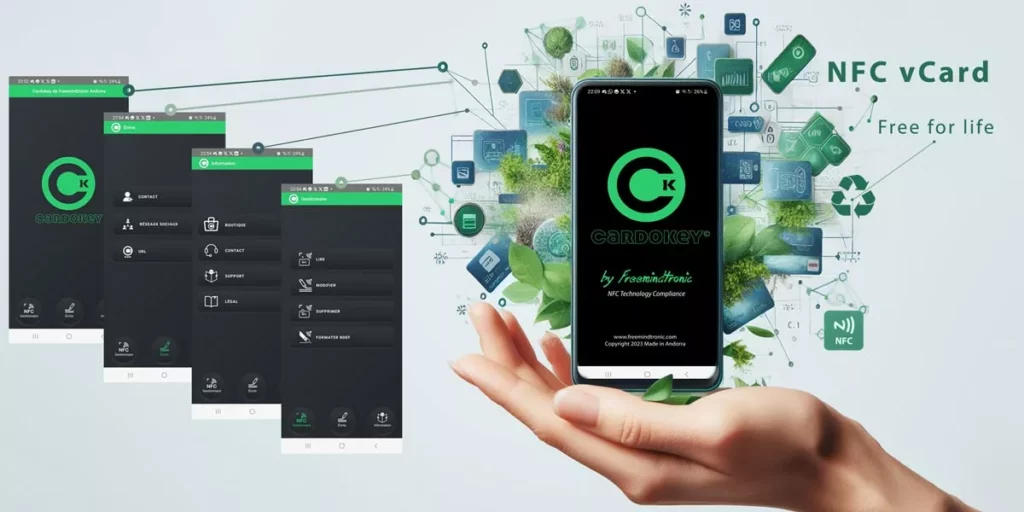Interface of Cardokey app showing free NFC vCard management on Android and iPhone